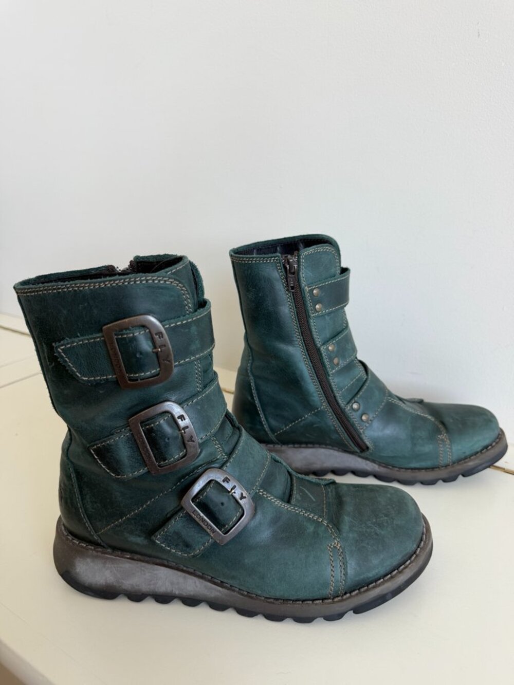FLY London SCOP Petrol Green Leather Triple Buckle Moto Boots EU 38